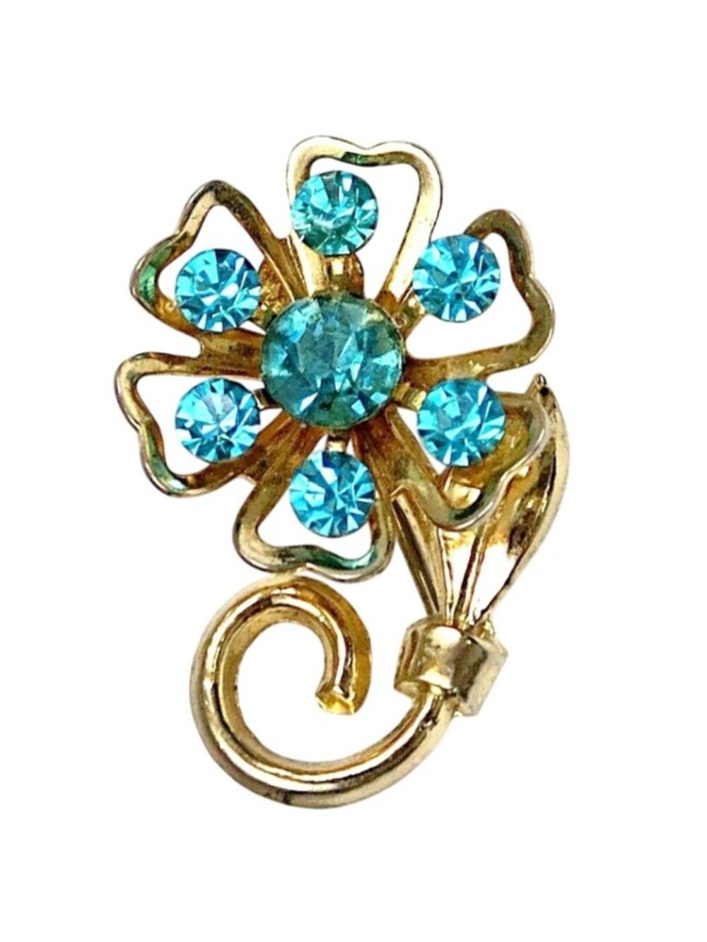 Coro Blue Rhinestone Flower Brooch Mid-Century Gold Tone Costume Jewelry
